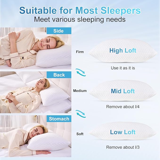 NTCOCO Cooling Bed Pillows for Sleeping Shredded Memory Foam Adjustable Gel for Side Stomach Back Sleepers Washable Removable Cover King Size Pack of 2
