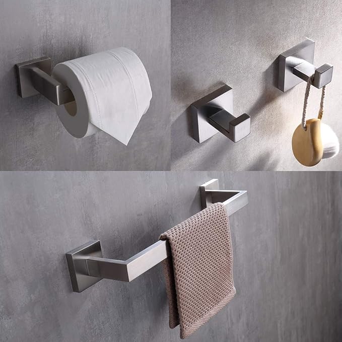 TASTOS 3-Piece Bathroom Hardware Set Brushed Nickel Wall Mounted Bathroom Accessory Set, Premium Stainless Steel Robe Hook Toilet Paper Holder 16-Inch Towel Bar (Silver)