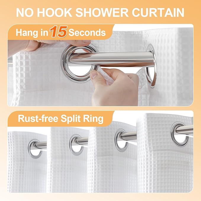 River Dream Long Cotton Blend No Hooks Needed Shower Curtain with Snap in Liner, Water Repellent, Hotel Grade, White, 71"x78"