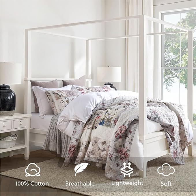 Cotton Bedspread Quilt Bedding Sets 3 Pieces Reversible Coverlet Sets Comforters Vintage Floral Patchwork White Bedspread, King Size