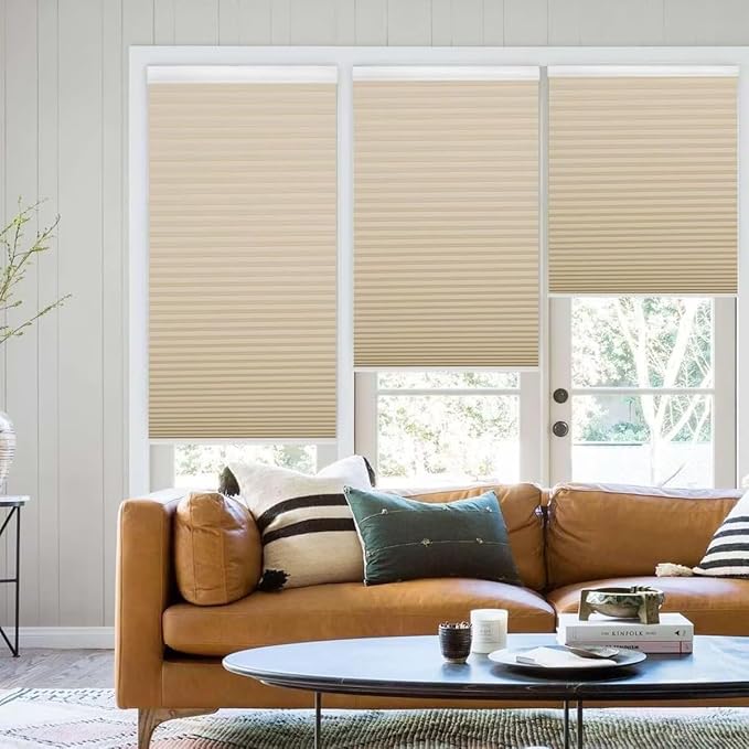 MYshade 1.5-Inch Cellular Cordless Light Filtering Shades,Thermal Insulating Noise Reducing Waterproof Blinds,Honeycomb Window Treatments for Indoor Light Control (Beige-24 W x 50" H)