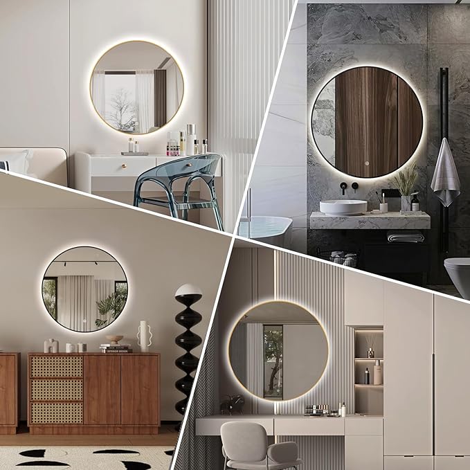 Niccy 32" LED Backlit Round Mirror for Bathroom, Black Framed Vanity Light Wall Mirror LED Smart Circle Mirrors with 3 Lighting Colors, Dimmable Lighted Mirror with Anti-Fog, IP65 Waterproof