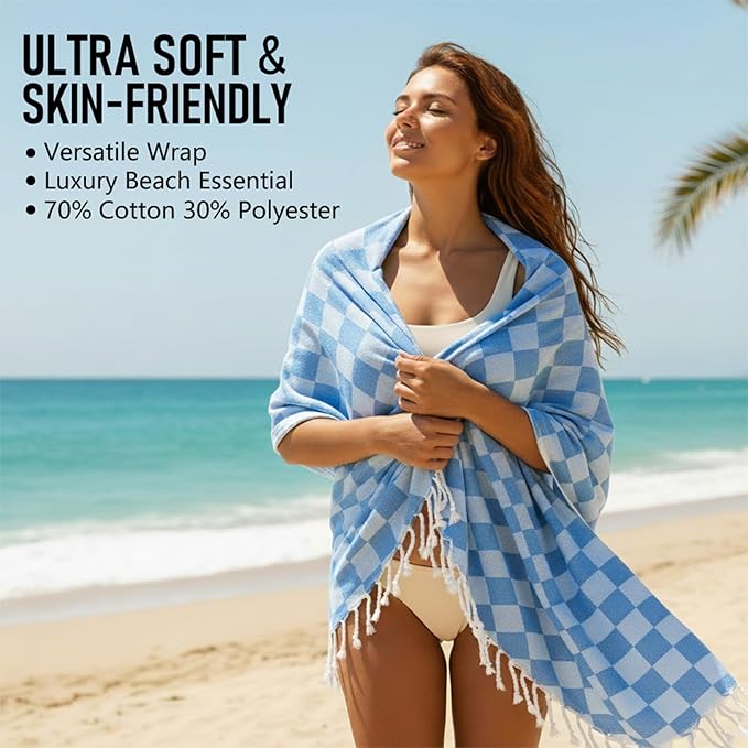 4 Pack Cotton Turkish Beach Towel Lightweight Thin Travel Vacation Essentials Oversized XL Towels Set for Pool Swim Bath Camping Cruise Accessories Must Haves Absorbent Quick Dry Sand Proof Gifts