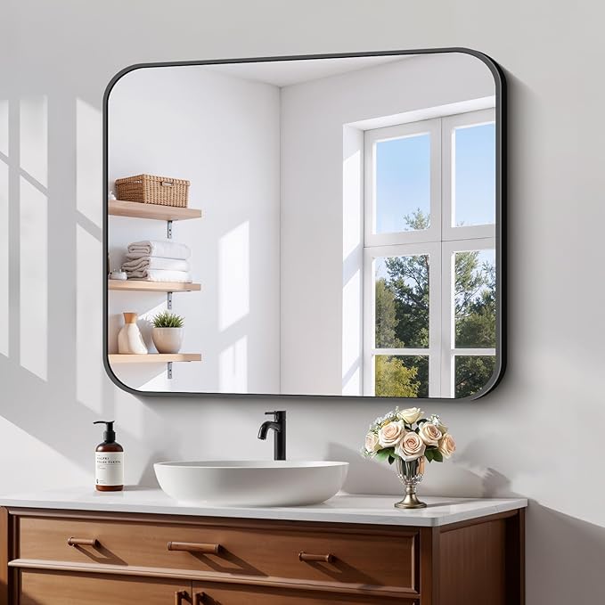 Koonmi Black Framed Bathroom Mirror - 30x36 Inch Shatterproof Tempered Glass Vanity Mirror for Bathroom Sink, Wall Mounted with Matte Aluminum Alloy Frame, No Distortion, Modern Decor