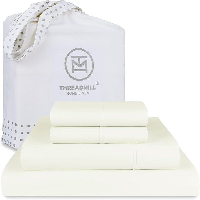 Threadmill 100% Cotton Sheets for Full Size Bed - 600 Thread Count Full Bed Sheets Set with 16” Deep Pocket - Sateen Weave 4-Piece Bedding Set with Cooling Effect, Ivory