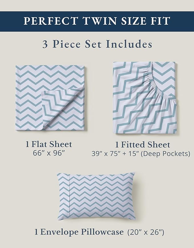 LANE LINEN 100% Organic Cotton Twin Size Bed Sheets, Fully Elasticized Mercerised Cotton Naturally Cooling Twin Bed Sheets Machine wash Ecor Friendly Prined Deep Pocket Sheets -Chevron Design
