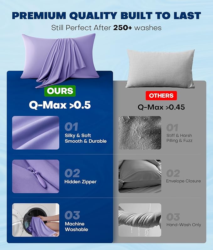 Ultra-Chill Cooling Pillowcase Set of 2 for Hot Sleepers, Softer Than Silk Pillow Cases for Protecting Hair & Skin, Breathable Bed Pillow Covers w/Zipper, Gifts for Women & Men(Purple, Queen)