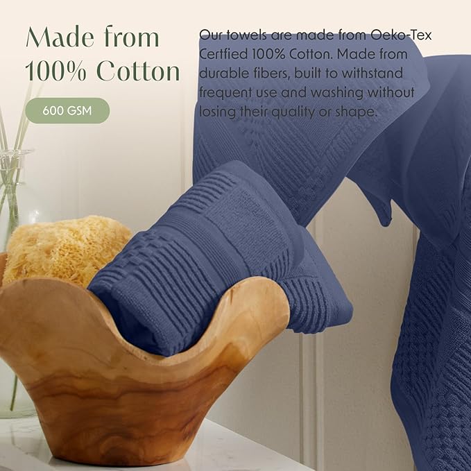 Springtree Home 100% Cotton Bathroom Towel Set | 6 Piece Set - Blue Towels | Geometric Textured Design | Absorbent & Quick-Dry | Oeko-TEX® Standard 100 Cotton | Myla Collection - Indigo