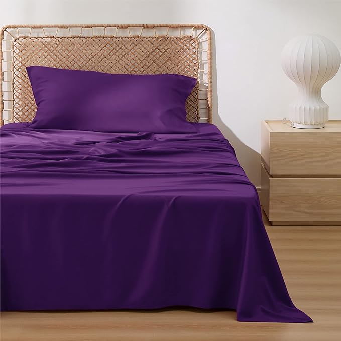 Bedsure Cooling Sheets Twin XL, Rayon Derived from Bamboo, Breathable & Soft Twin XL Sheet Sets, Deep Pocket Up to 16 Inches, Hotel Luxury Silky Dorm Bedding for Hot Sleepers, Plum