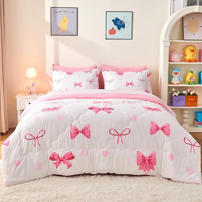 Wajade 7 Piece Pink Bow Bedding Set for Girls Kids Queen Size Comforter Set with Sheet and 2 Pillowcases 2 Pillow Shams Cute Girls Bed in a Bag as Birthday Choice