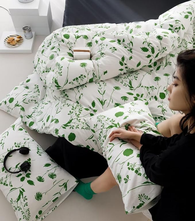 KAREVER Botanical Comforter Set Twin White and Sage Floral Plant Bedding Comforter Set Girls Blanket Rustic Leaf Blossom Women White Farmhouse Comforter Twin
