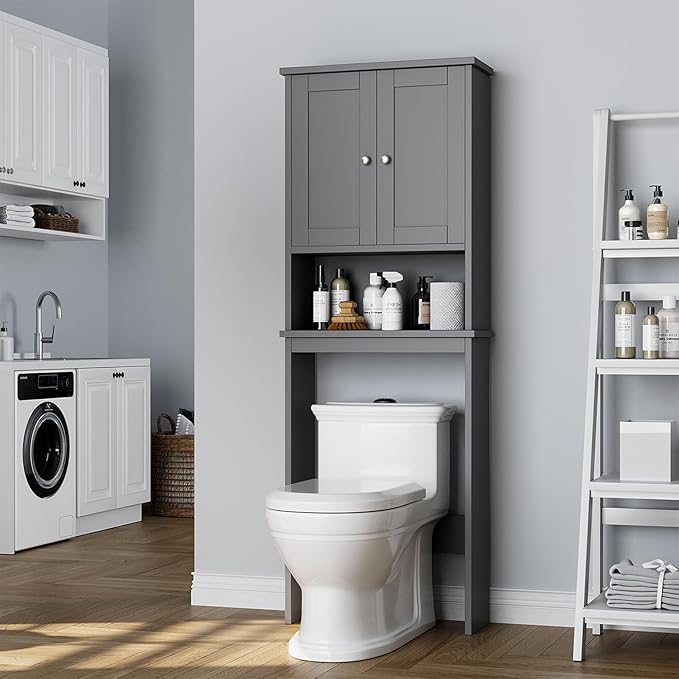 Meilocar Over The Toilet Storage Cabinet, Bathroom Storage Cabinet Over Toilet with 2 Wood Doors, Freestanding Space Saver, Adjustable Shelf & Open Shelf, Grey