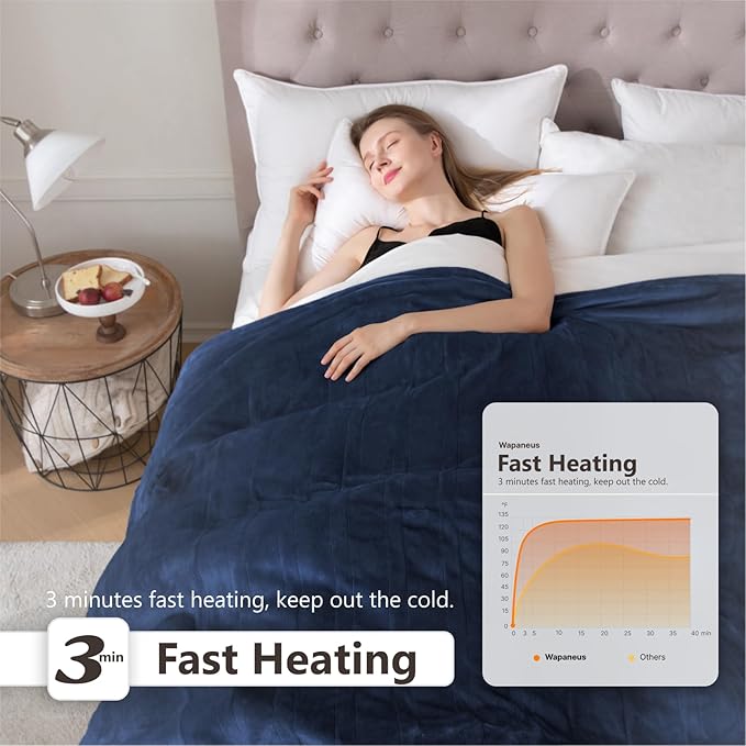 Wapaneus Heated Blanket Electric Blanket 62" x 84" Twin Size with 10 Heating Levels and 12 Hours time Settings, Flannel Fast-Heating Electric Blanket, ETL Listed, Machine Washable,Dark Blue