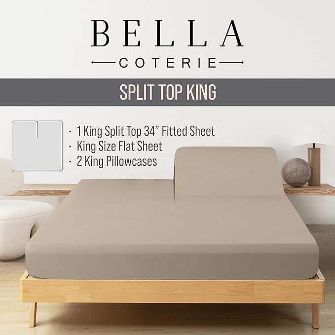 Bella Coterie Luxury Bamboo Viscose 34” Split Top King Size Sheet Set | 1 Fitted Sheet for Sleep Number & Adjustable Beds | 100% Organically Grown | Cooling & Soft | 18” Deep Pocket [Dune]