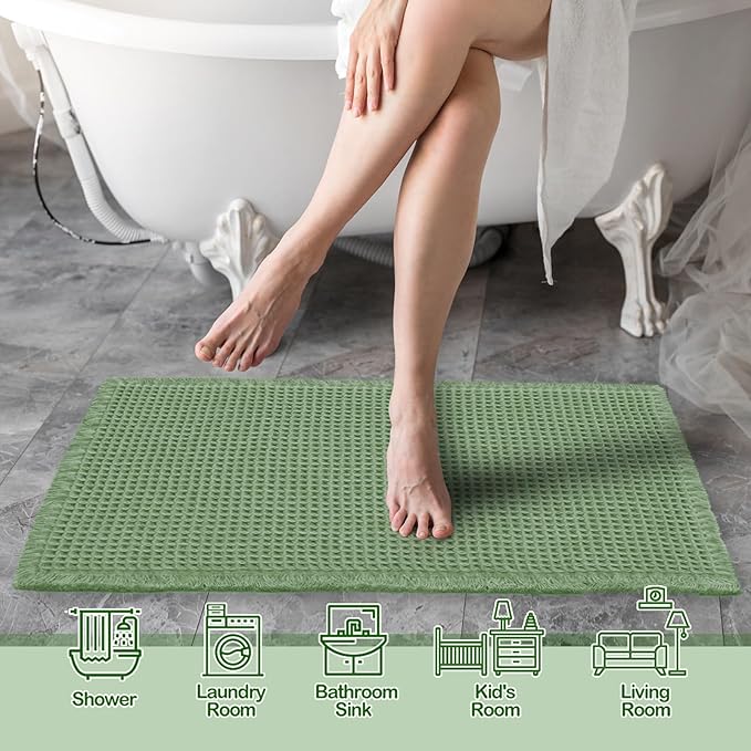 ZALL Waffle Bath Mat,Super Absorbent Non Slip Bathroom Rug,Sage Green 18x30inch,Machine Washable Ultra Soft Floor Mats