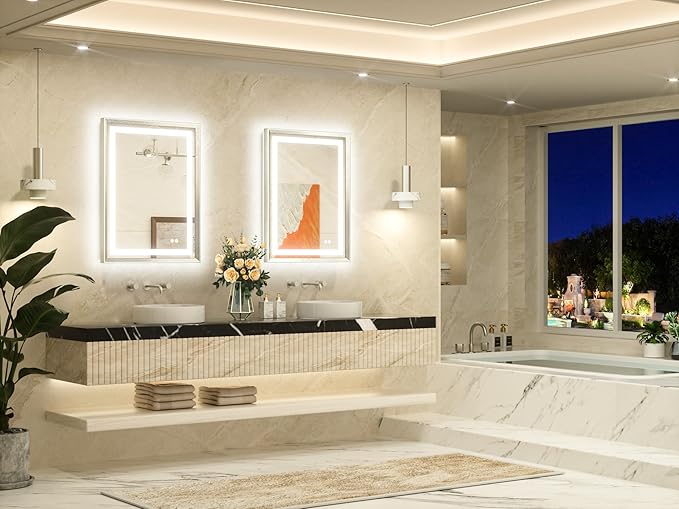 TETOTE 24 x 32 Bathroom LED Mirror Brushed Bright Nickel Metal Frame Frontlit & Backlit Vanity Mirror Anti-Fog Stepless Dimmable 3 Colors White/Warm/Natural Mirror with Lights Wall-Mounted