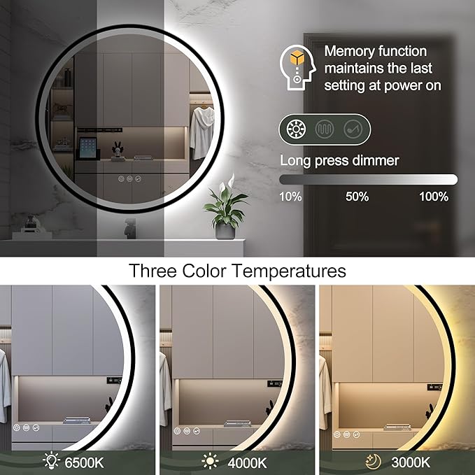 S·BAGNO 32’’ Round Led Bathroom Mirror with Lights, Bathroom Vanity Wall Mirror with Buletooth, Anti-Fog, Stepless Dimmable, 3 Colors, Tempered Glass Lighted Makeup Mirror for Bathroom