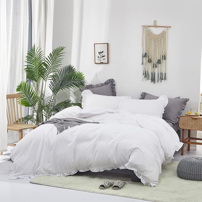 Cottonight Ruffle White Comforter Set California King Farmhouse Shabby Bedding Comforter Set Ruffled Friange White Blanket Quilts Cotton Soft Breathable Bedding Set for Cal King Bed
