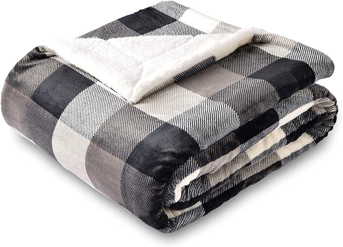 SOCHOW Buffalo Plaid Sherpa Fleece Throw Blanket, Double-Sided Checkered Super Soft Luxurious Bedding Blanket 50 x 60 inches, Black/White