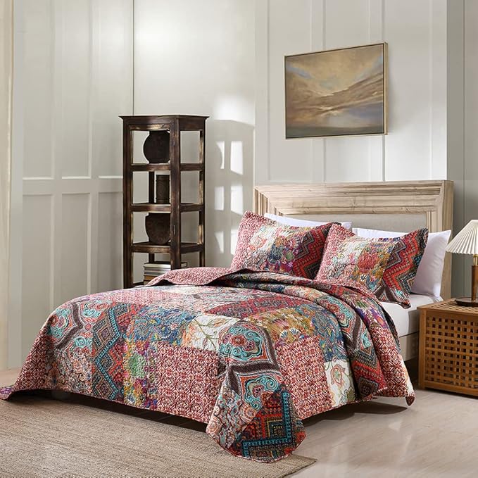 Autumn Dream Cotton Patchwork Bedspread Quilt Sets, Reversible Bedding Coverlet Sets, Red Gorgeous Vintage Pattern, King Size