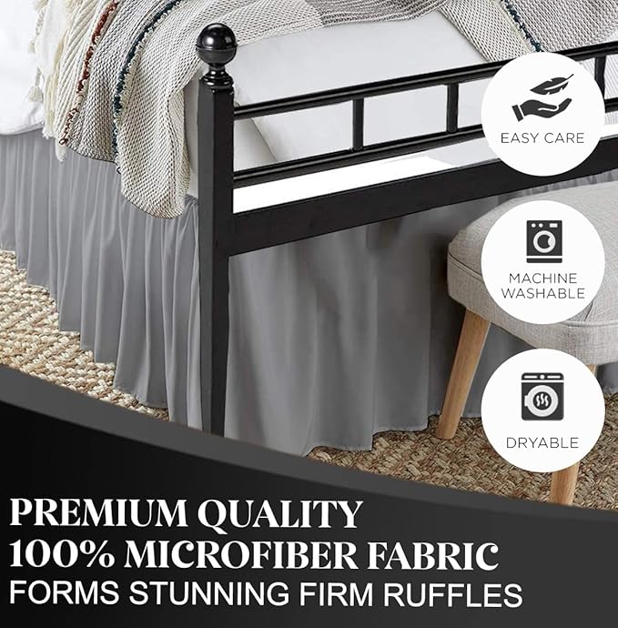 Ruffled Bed Skirt with Split Corners, Light Grey, King 21 Inch Drop Bedskirt, Hotel Quality Brushed Microfiber Wrinkle Free Dust Ruffle Bed Skirt King Size