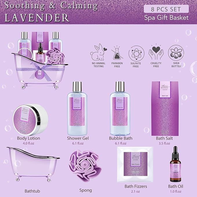 Bath Sets for Women Gift, Bath and Body Gifts Set, Lavender Spa Gift for Self Care Includes Body Lotion, Shower Gel, Bath Salts, Relaxing Bath Sets for Mom, Grandma, Girlfriend, Sister, Friends