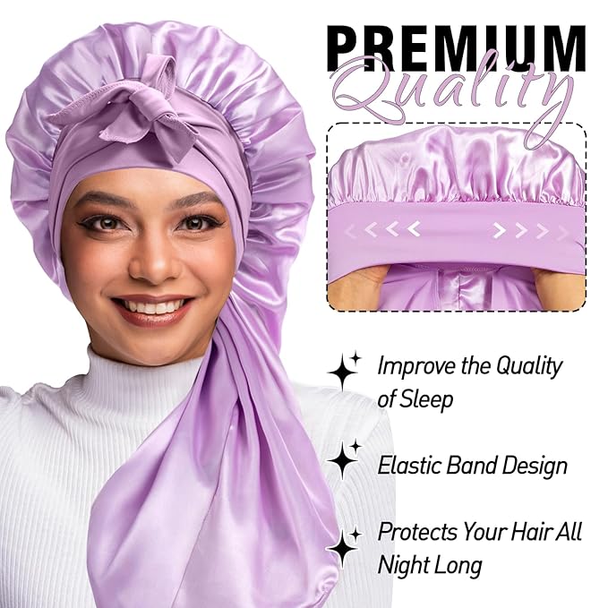 2Pcs Bonnets for Black Women Braid Bonnet, Large Long Satin Bonnet for Braids, Silk Bonnet with Stretchy Tie Band Sleep Cap Hair (2Pcs-Black&Purple)