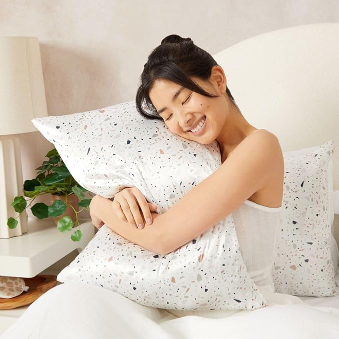 Kitsch Satin Pillowcase with Zipper for Hair & Skin, Softer Than Silk Pillow Cases Queen, Wrinkle-Free, Smooth and Cooling Satin Pillow Covers, Standard Size 19"x26", White Terrazzo