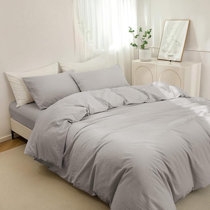 JIYUAN 100% Washed Cotton Duvet Cover Set 3 Pieces Queen, 1 Duvet Cover 90x90 Inches(Comforter Not Included) and 2 Pillowcases,Linen Feel Bedding Set Comfy and Breathable, Heathered Pastel Grey