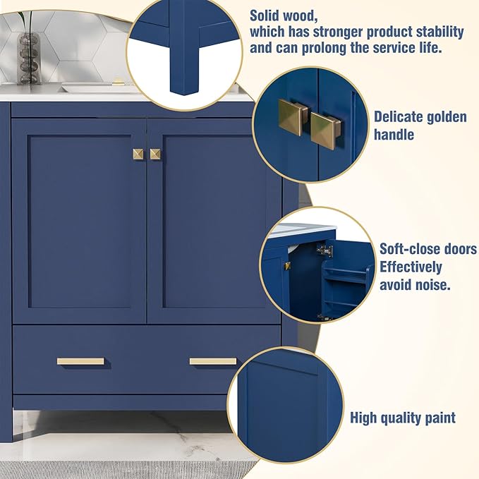 60" Bathroom Vanity Set with Double Vanities, Double Ceramic Sinks, Storage Shelf, Soft Closing Doors, Divided Drawers (Mirror not Included), Large Bathroom Vanity Sink Set (Blue)