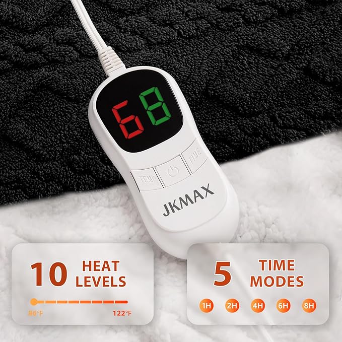 Heated Electric Blanket Twin Size-62"x84" Heating Blanket with 10 Heating Levels & 5 Time Settings Over-Heat Protection，Winter Warmer for Adults with ETL Certification（Black）
