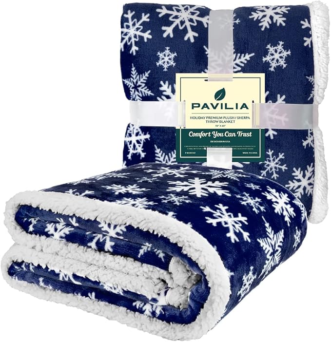 PAVILIA Premium Christmas Sherpa Throw Blanket | Blue Snowflake Decoration, Fleece, Plush, Warm, Cozy Reversible Microfiber Holiday Blanket 50 x 60 Inches