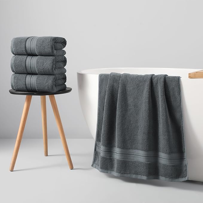 REDKISS 100% Cotton Bath Towels Set of 4, Extra Large Bath Sheets 27 X 59 Inches, 600 GSM, Quick Dry, Ultra Soft & Super Absorbent Bathroom Towel Sets for Bathroom, Gym, Spa, Pool & Hotel, Dark Grey
