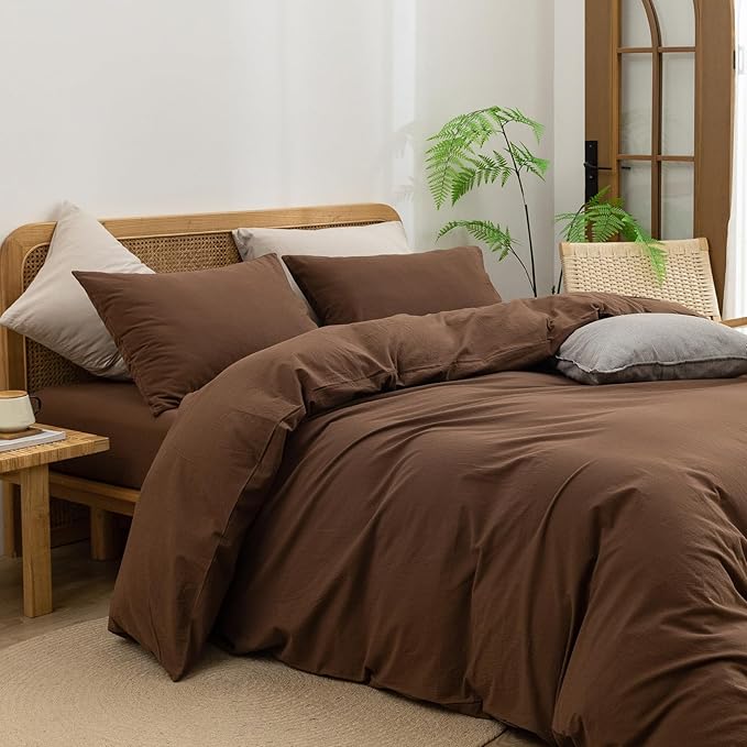 BESTOUCH Duvet Cover Set 100% Washed Cotton Linen Feel Super Soft Comfortable Chic Lightweight 3 PCs Home Bedding Set Solid Cocoa Brown Oversized King