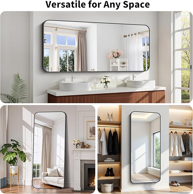 Koonmi Black Framed Bathroom Mirror - 30x71 Inch Shatterproof Tempered Glass Vanity Mirror for Bathroom Sink, Wall Mounted with Matte Aluminum Alloy Frame, No Distortion, Modern Decor