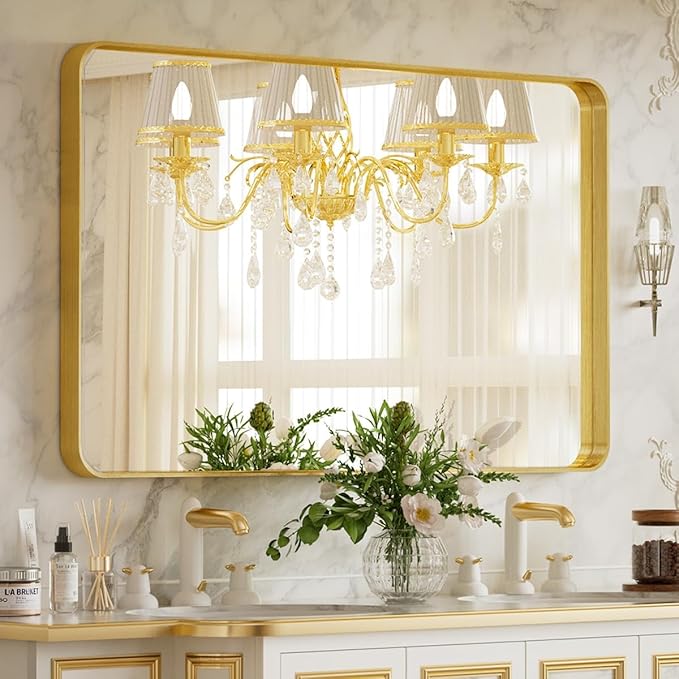 VooBang Bathroom Mirror 24x32 inch, Gold Gorgeous Deep Frame Wall Mirror, Modern Round Corner Bathroom Vanity Mirror for Bedroom, Living Room, Hanging or Leaning Horizontal or Vertical, Gold