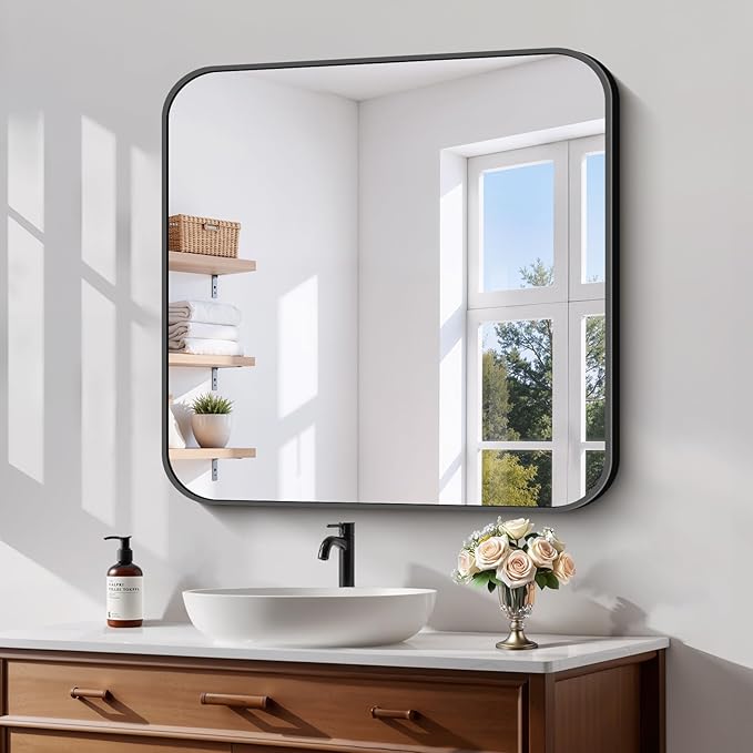 Koonmi Black Framed Bathroom Mirror - 30x30 Inch Shatterproof Tempered Glass Vanity Mirror for Bathroom Sink, Wall Mounted with Matte Aluminum Alloy Frame, No Distortion, Modern Decor