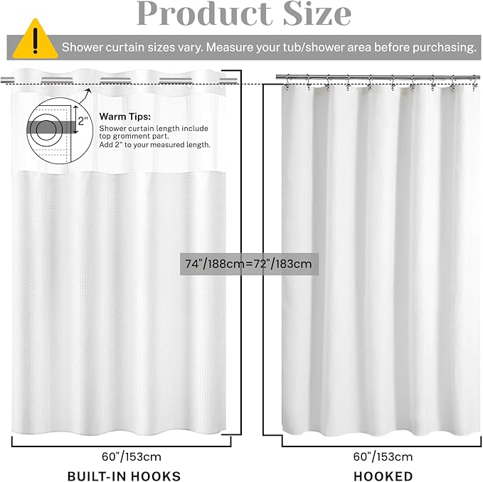 No Hook Shower Curtain with Snap in Liner Set Waffle Shower Curtain for Bathroom Hotel Style Fabric Waterproof Inner Liner，60" W x 74" H, White