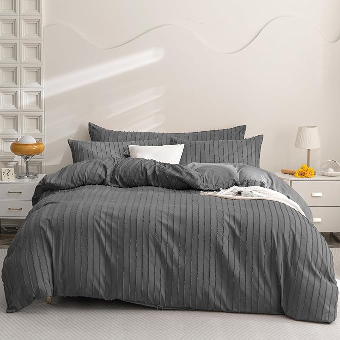 JELLYMONI Duvet Cover Full Size Dark Grey - 3PCS Boho Striped Duvet Cover Set Polyester Tufted Bohemian Textured Comforter Cover 80×90in with Corner Ties & Zipper and 2 Pillowcases