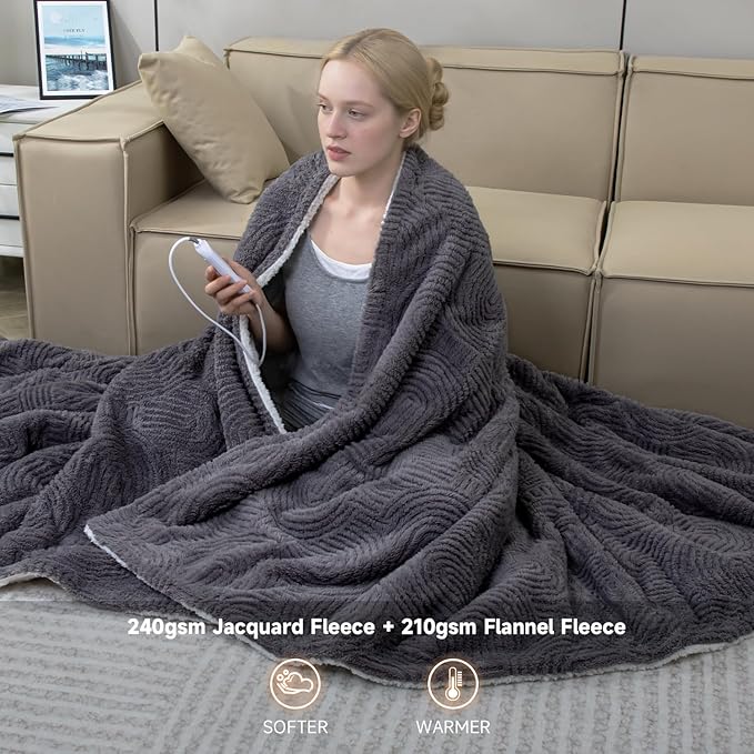 Heated Blanket Queen Size - 84"x90" Cozy Soft Jacquard Heating Blanket with 4 Heat Levels & 10 Hours Auto-Off, Jacquard Fleece, Overheating Protection, Warm Gifts, Grey