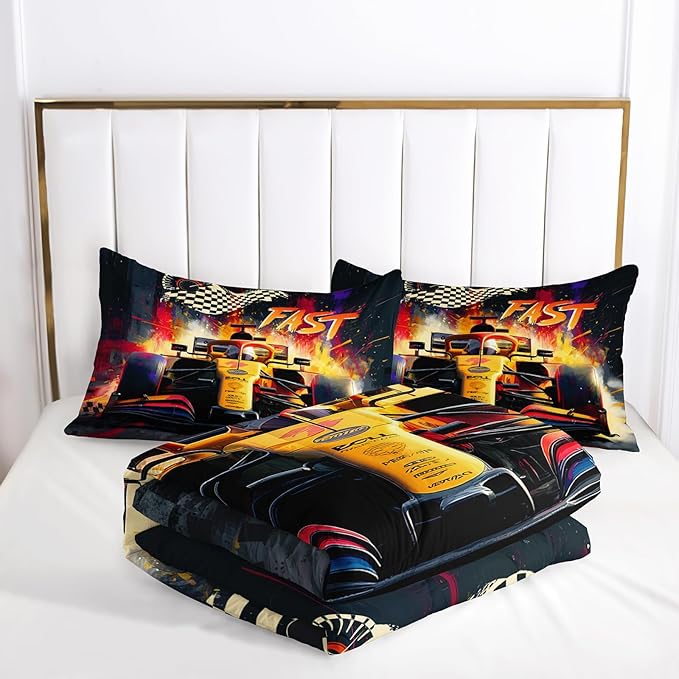 F1 Race Car Comforter Set Queen for Boys，Boys Queen Size Bedding Set Race Car，with 1 Comforter with 2 Pillow Case，F1 Race Car Themed Bedroom Decor