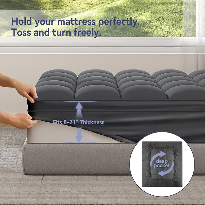 ELEMUSE Full XL Grey Mattress Topper for Back Pain, Extra Thick Mattress Pad Cover, Plush Soft Pillowtop with Elastic Deep Pocket, Overfilled Down Alternative Filling