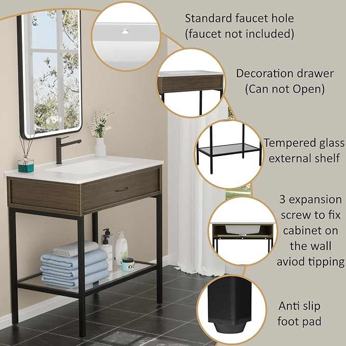 30 Inches Bathroom Vanity with Resin Sink, Single Sink Modern Cabinet Set, Stainless Steel Frame with Tempered Glass Open Shelf, Freestanding Bathroom Storage Cabinet Combo, Black