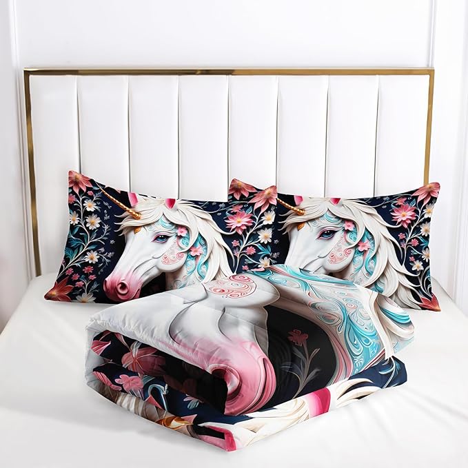 White and Pink Unicorn Flower Queen Size Comforter Set for Girls，Kids Queen Size Unicorn Bedding Sets for Girls，with 1 Comforter with 2 Pillow Case