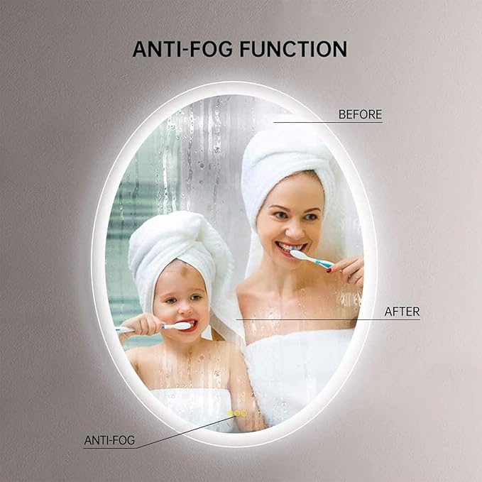 Wall-Mounted LED Oval Bathroom Mirror, Makeup Mirror (28 inches x 20 inches,) 3 Color Stepless Dimmable Memory Bathroom Vanity Mirror with Lights CRI90+ 3000-6400K Smart Mirror with Touch