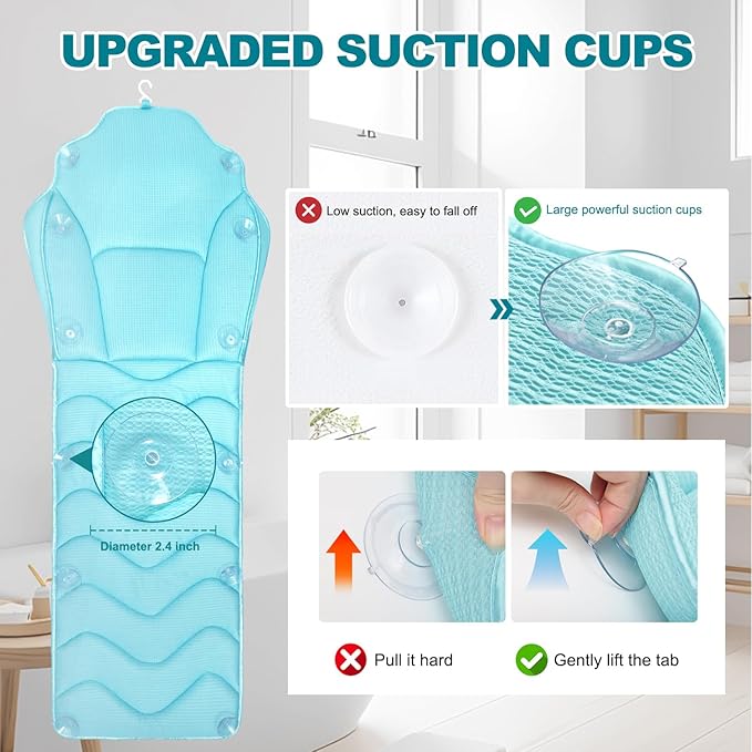 Full Body Bath Pillow for Bathtub - Extra Long 61’’ Bath Pillows for Tub, Ergonomic 4D Air Mesh Tub Pillow with Head, Neck & Lumbar Support, Bathtub Pillow Spa Cushion with Non-Slip Suction Cups