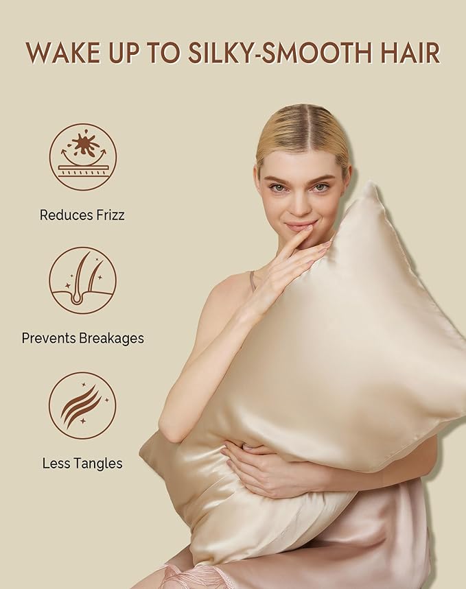 SilkSilky 100% Mulberry Silk Pillowcase - Pure 22 Momme High-Grade 6A Fibers for Hair & Skin, Envelope Closure, Natural, Organic, Breathable & Cooling Pillow Case (King, Beige)
