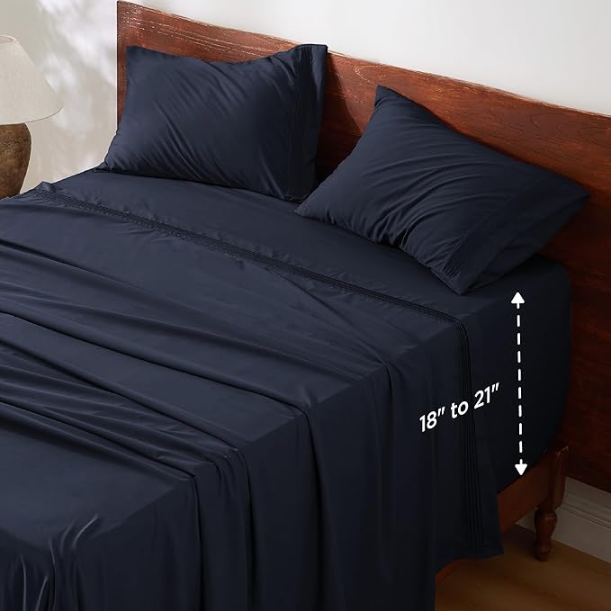 Bedsure Twin XL Sheets Dorm Bedding, GentleSoft Breathable Extra Long Twin Sheets & Pillowcases, Moisture Wicking Cooling, Deep Pocket Fits Mattress Up to 21 Inches Thick, Navy