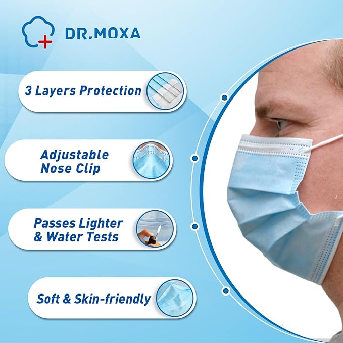 DR.MOXA 50 Pack Disposable Face Masks, Medical Grade 3 Ply Masks for Protection Blue