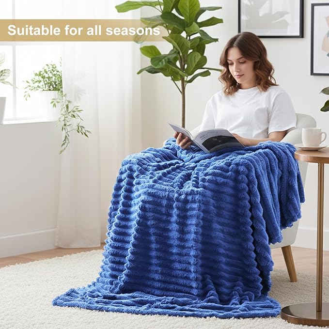 decorUhome Christmas Soft Fleece Navy Blue Twin Blanket for Bed, Cozy Fluffy Plush Flannel Striped Throws for Couch Sofa, Lightweight Decorative Ribbed Fuzzy Blanket for Woman, 60x80 Inches
